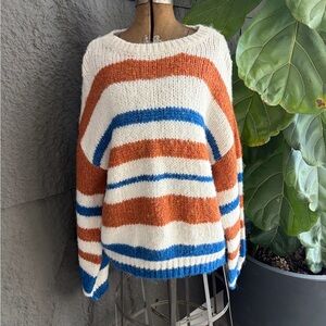 Cozy Striped Crewneck Sweater - Cream, Rust & Blue